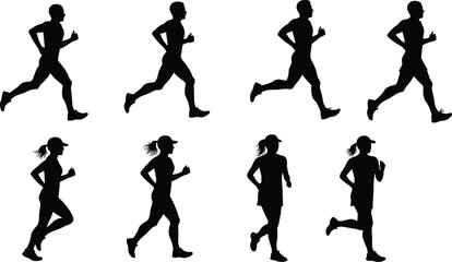 Black silhouettes of men and women running in various poses on white background runner