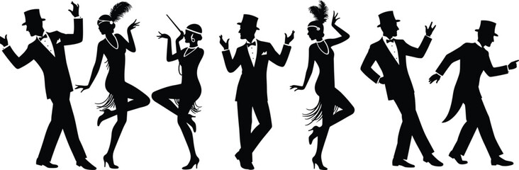 Black silhouettes of men in tuxedos and women in flapper dresses dancing vector