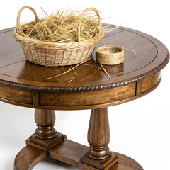 antique oak table round woven straw basket
