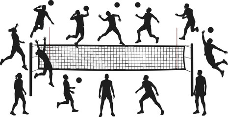 Black silhouettes of volleyball players in action around a net on a white background