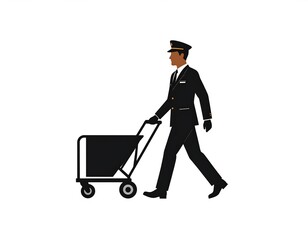 Black-suited man pushing a black cart on wheels, isolated against white