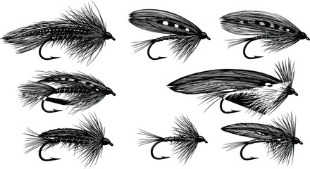 Obraz premium Collection of Black and White Fishing Lures with Feather and Hair Detail fly fishing