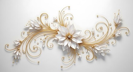 Elegant white poinsettia flower arrangement with swirling gold glitter accents isolated on white background