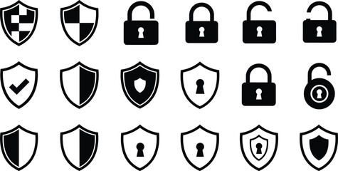 Collection of black and white shield and padlock icons representing security and protection