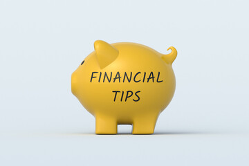 Financial tips word on piggy bank. Money management concept. Personal consultation on economic development. Business strategy. 3d render