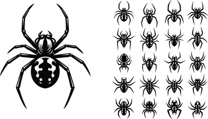 Collection of Black Silhouette Spiders with Detailed Abdomens on White Background