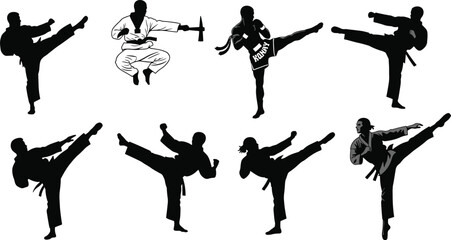Collection of martial arts fighters performing kicks in silhouette karate kickboxing