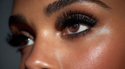 Obraz premium Close-up Macro Shot of a Beautiful Woman's Eye with Long Eyelashes and Natural Glow