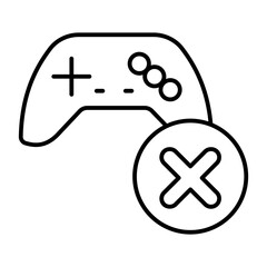 Game controller ban thin line icon, gaming concept. Vector graphics. Joystick with close button, forbidden item sign on white background, style icon mobile or web design.