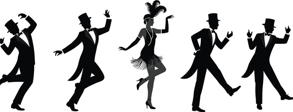Five silhouettes of dancers in 1920s attire performing various dance moves art deco