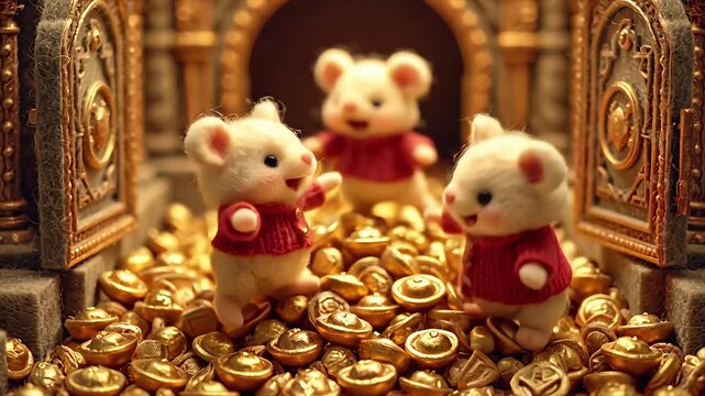 Animated mice characters in red sweaters surrounded by gold coins
