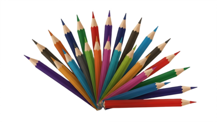 A fan of assorted colored pencils arranged against a black background in a semi circular pattern