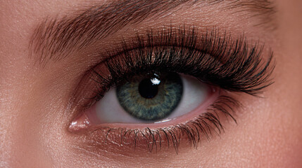 Obraz premium Captivating close-up of a beautiful female eye with lush, long dark eyelashes, highlighting intricate details and vibrant color, perfect for beauty and vision concepts and cosmetic applications