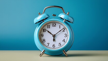 Cute Retro Turquoise Alarm Clock on Blue Background Time Management Concept