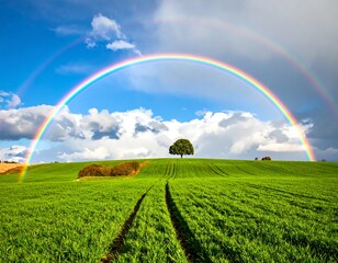 Fototapeta premium A vibrant green field with tire tracks leads to a tree under a vivid double rainbow against a cloudy sky