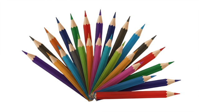 A fan of assorted colored pencils arranged against a black background in a semi circular pattern