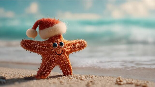 Christmas on the Beach: Cheerful starfish wearing a Santa hat on a sandy shore with sea foam