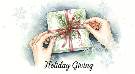 Holiday giving featuring watercolor present with ribbon tied by human hands, holiday giving expresses the spirit of generosity and togetherness. Present is adorned with festive greenery and berries.