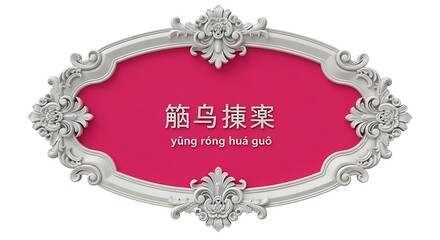Ornate pink and silver oval frame with chinese characters yng rng hu gu meaning glorious past, isolated on white background
