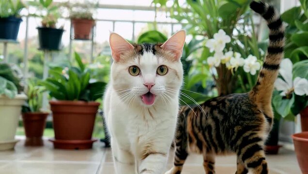 Ultra HD 4K close up of a white cat with spots sticking out its tongue with a tabby cat blurred in the background on a balcony surrounded by plants ideal for pet domestic animal or lifestyle stock