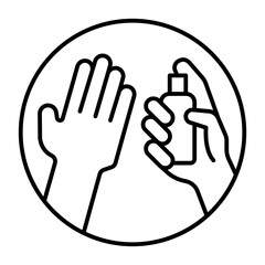 Palm and jar of antiseptic thin line icon, washing hands concept. Vector graphics. Antiseptic bottle in hand sign on white background, style icon mobile or web design.