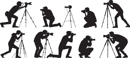 Silhouette of photographers in various poses with cameras and tripods