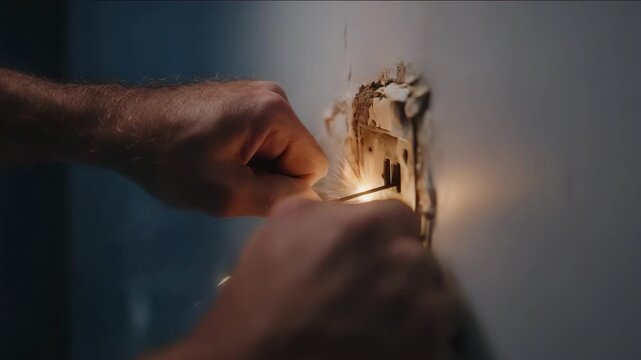 Dangerous Voltage: Electrician's hand touching a socket, causing bright sparks and an electric arc. Dramatic close-up