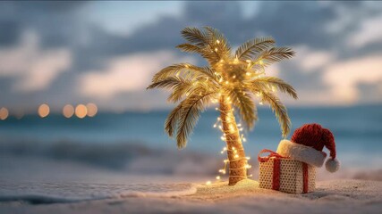 Tropical Christmas: Palm Tree Decorated with Fairy Lights and a Gift on the Beach - Powered by Adobe