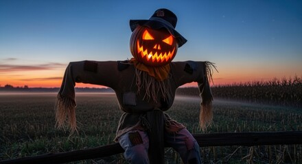 Eerie glowing pumpkin scarecrow guarding autumn harvest at dusk, perfect for Halloween designs and spooky seasonal campaigns