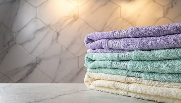 A neatly stacked pile of soft colorful towels resting on a bathroom counter with warm light illuminating a patterned tile wall behind them