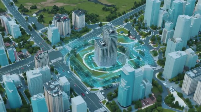 Creating digital model of a city. Artificial Intelligence technology concept. Smart city Modern building design Build up of skyscrapers. Construction new buildings. Timelapse of construction city