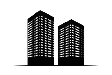 Two black skyscrapers with lit windows isolated on a transparent background