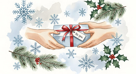 Watercolor Gift exchange with a present wrapped in ribbon, hands giving present for upcoming holidays. Festive gift exchange between two persons on Christmas day, with snowflakes and holly.