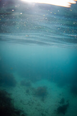Deep blue view underwater in the ocean.