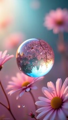 A close up of a glass ball surrounded by pink flowers.