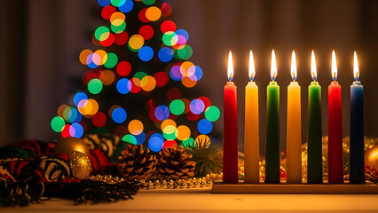 Kwanzaa kinara with lit candles and christmas tree lights in the background