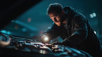 Focused shot of a mechanic or electrician in safety goggles and a hat inspecting a car engine with a flashlight in a dark garage