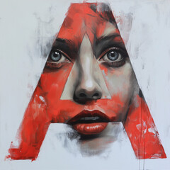 Striking portrait featuring a woman's face framed by a bold artistic letter A in vibrant red hues