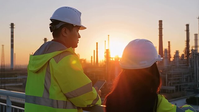 Industrial workers surveying plant during sunset golden hour sky.