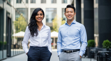 Diverse Business Professionals Smiling Outdoors in Modern City Setting