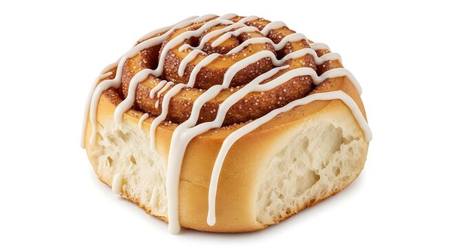 A delicious, freshly baked cinnamon roll with sweet white icing drizzled on top, isolated on white background