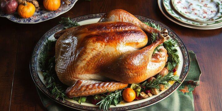 Beautifully Arranged Thanksgiving Centerpiece Featuring a Golden Roasted Turkey and Seasonal Decor