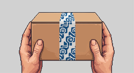 Person's hands holding delivery package sealed with branded tape