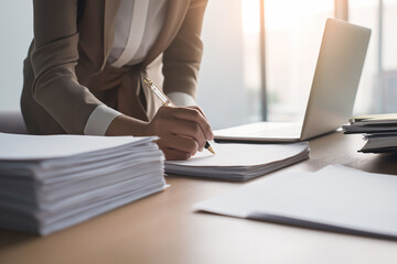 Businesswoman signing documents at modern office desk with sunlight and laptop for corporate report, administrative planning, financial management and professional business productivity concept