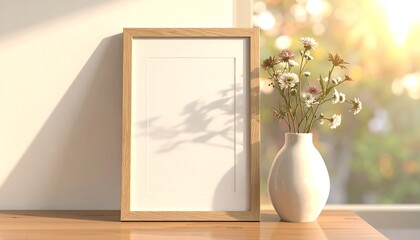 Blank frame with flowers beside a sunlit window creating soft shadows on wood
