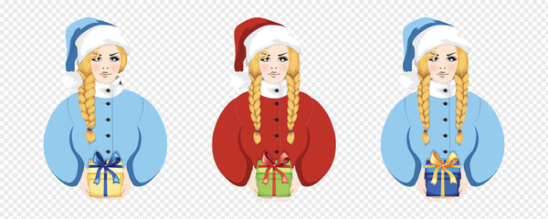 Set of vector illustrations of three festive blonde woman with braids in blue and red Santa costumes offering a gift, isolated on transparent background