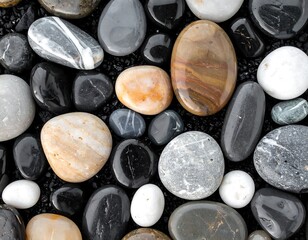 Assorted polished pebbles in diverse colors on dark fine gravel, displaying patterns and textures in a close-up view