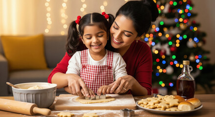 Mother and Daughter Baking Christmas Cookies Joyfully
