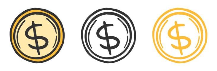 Simple hand-drawn dollar coin icon illustration in gold outline. Suitable for finance, money, business, and currency graphic use