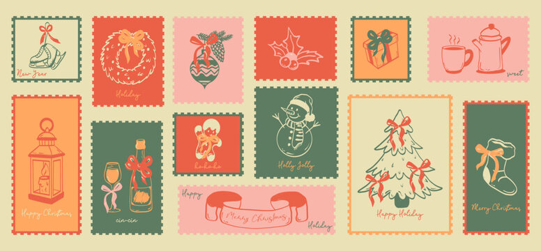 Charming vintage inspired vector hand drawn set of Christmas stamps and decorations featuring holiday motifs like Christmas tree, gifts, champagne glasses, baubles, gingerbread cookies, bows, candies.